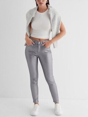 Express Mid Rise Grey Metallic Coated Skinny Jeans Size 8R